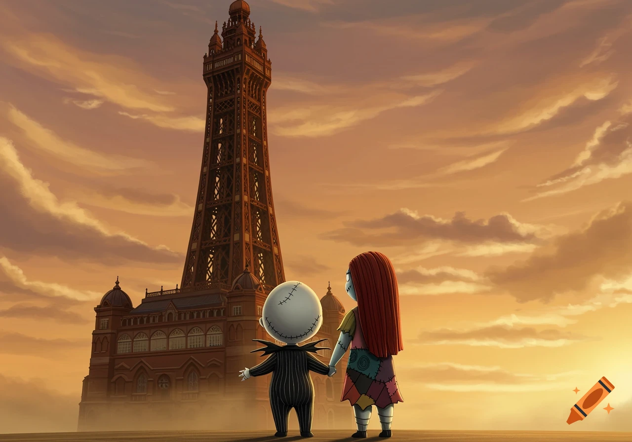 Baby Jack and Sally from Nightmare Before Christmas stand in front of the Blackpool Tower at sunset.