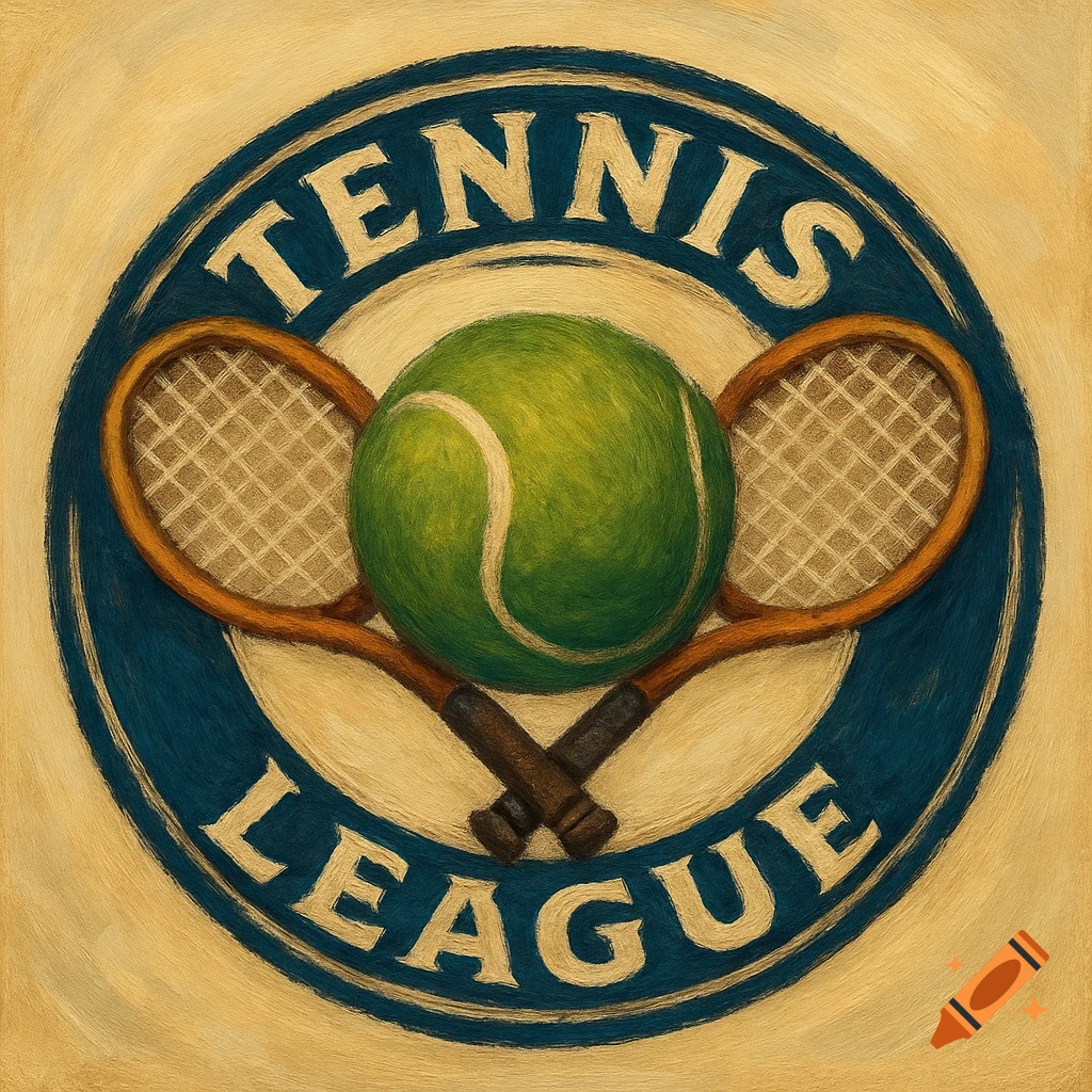 A tennis league logo with a ball and crossed rackets inside a blue circle with text, in a painterly style.