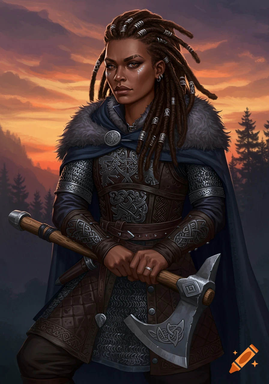 A mixed black woman with dreadlocks dressed as a Viking stands in a forest at sunset, holding an axe.