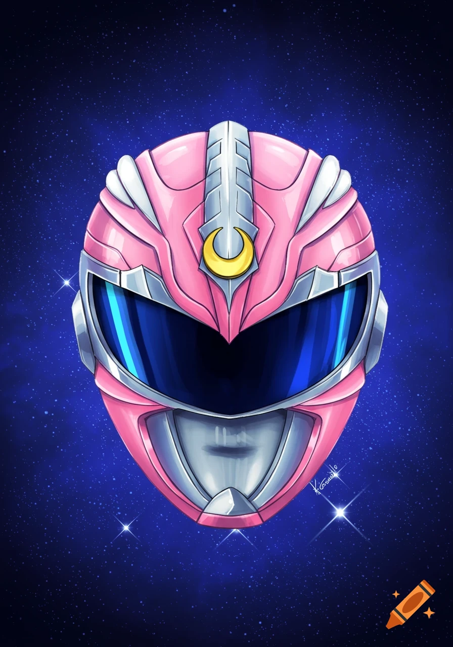 Illustration of a pink Power Ranger helmet with a crescent moon on a starry background.