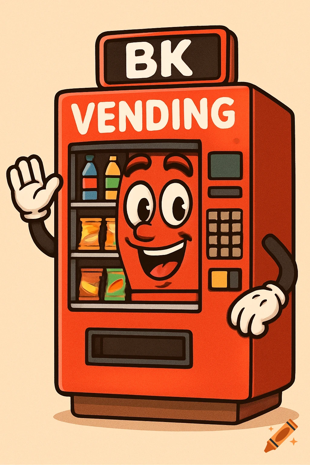 A cartoon red vending machine character with a face, arms, and text labels "BK VENDING".