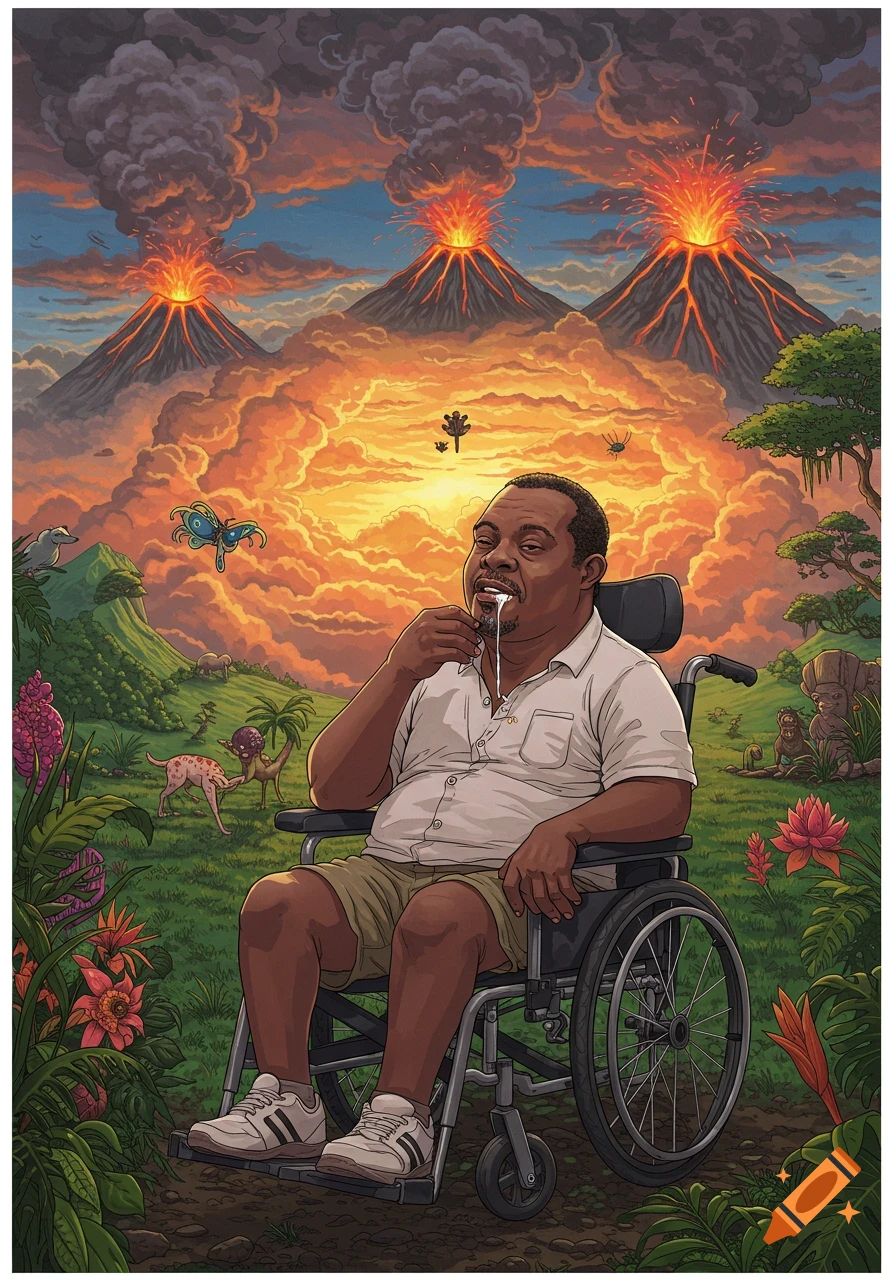 Illustration of a man in a wheelchair drooling in a volcanic landscape with strange creatures and butterflies.