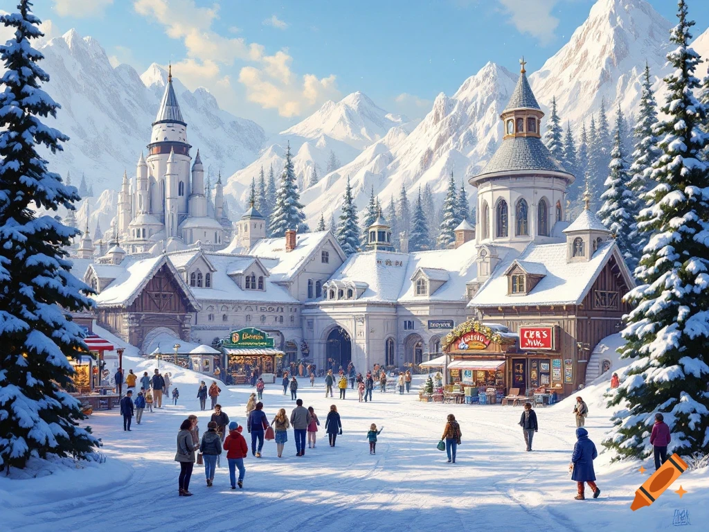 A busy winter village scene nestled among snow-capped mountains, featuring ornate buildings, shops, and people walking in the snow.