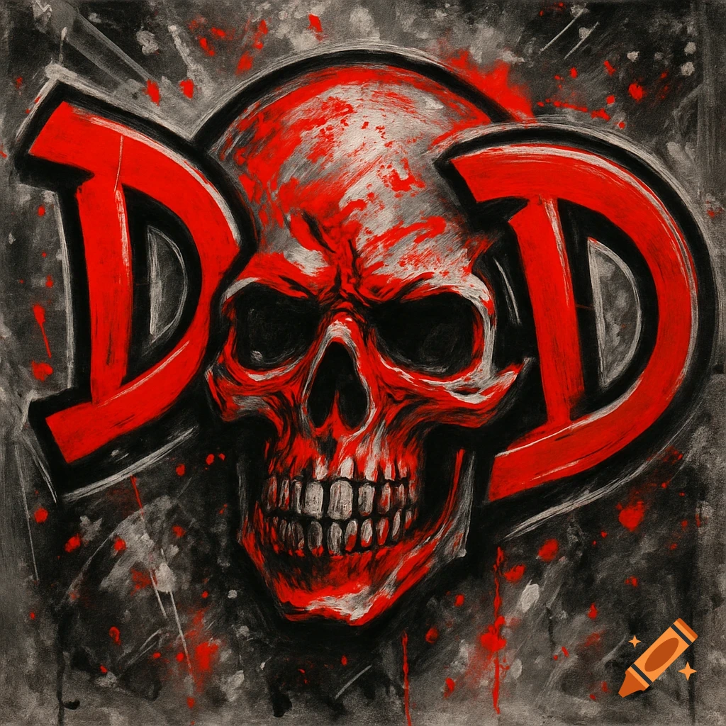 Stylized red and white skull flanked by red capital Ds in a grunge graffiti style