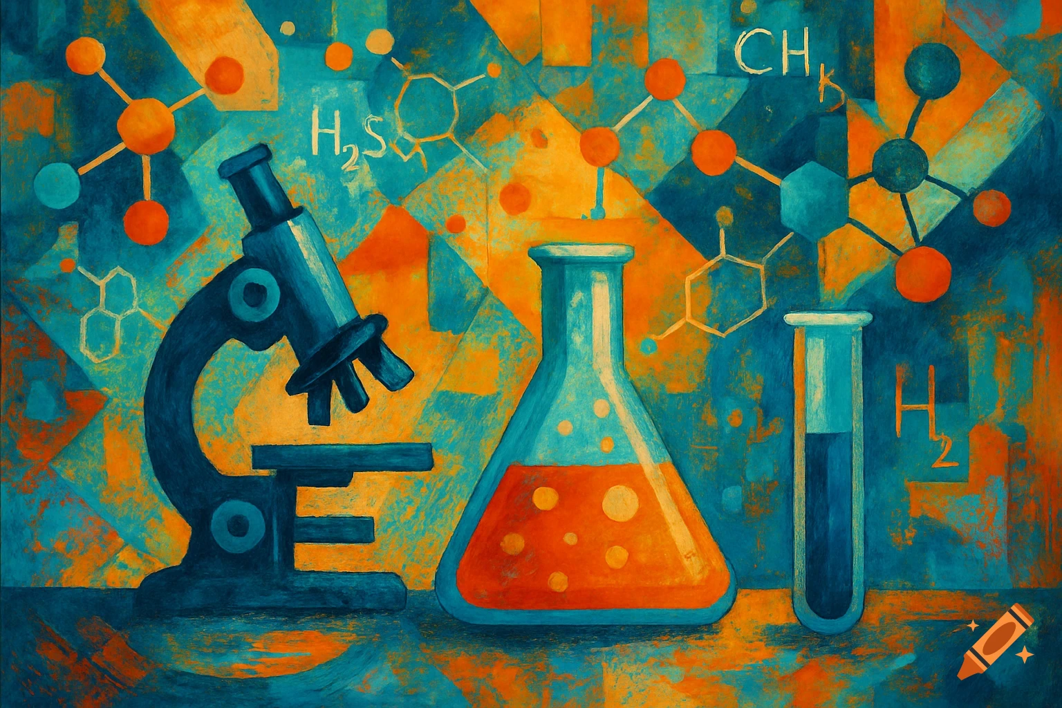 An abstract painting of a microscope, flask, and test tube with ...