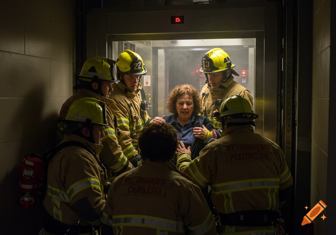 Firemen help a woman out of a trapped elevator.