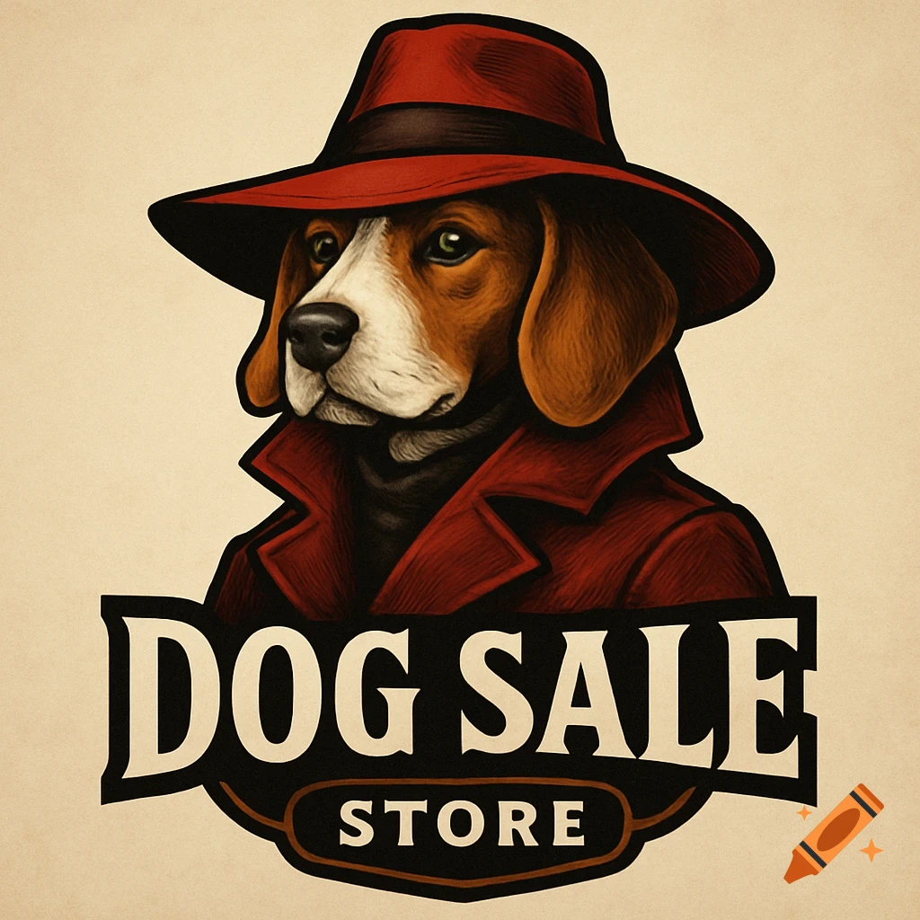 Illustration of a beagle dog wearing a red hat and coat above a logo ...