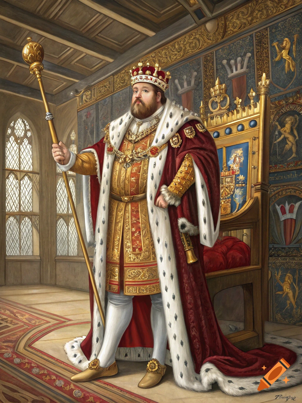 A regal portrait of King Henry VIII in elaborate attire, holding a scepter, standing beside a golden throne in a chamber.
