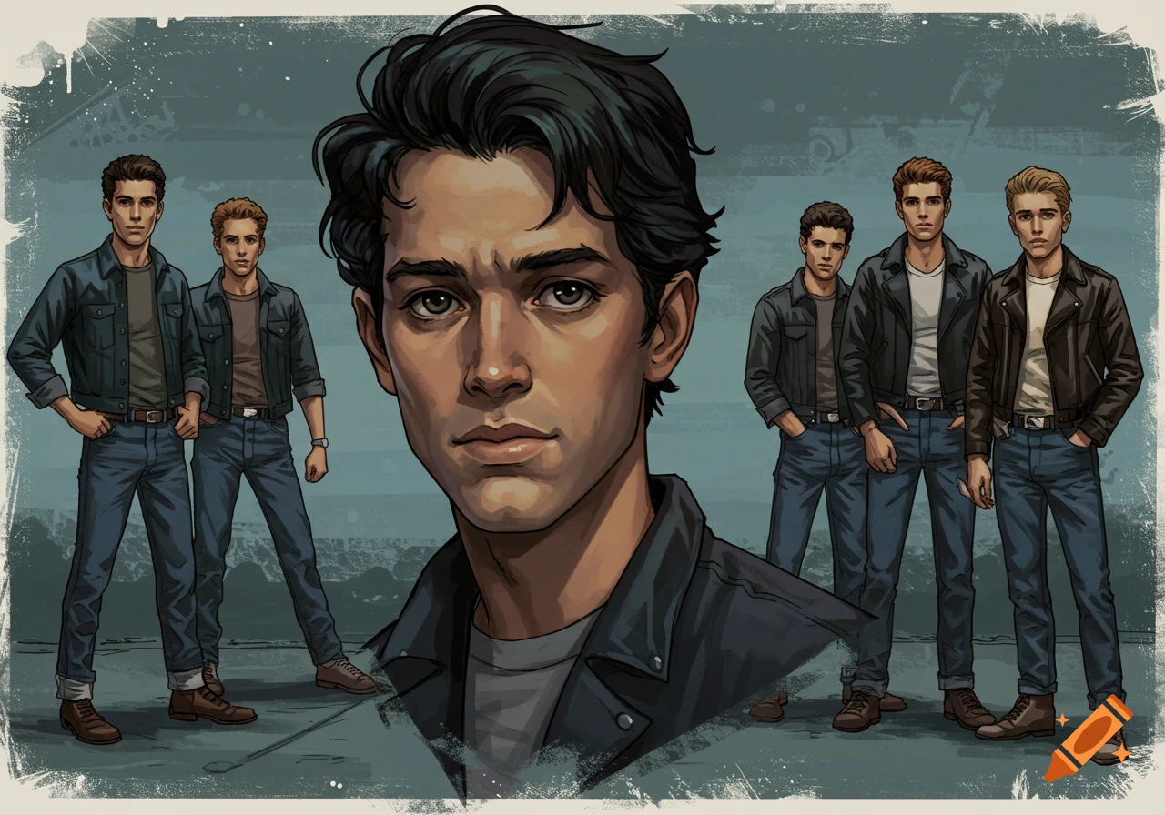 Illustration of young men in 1950s greaser style, with a main portrait in the foreground and a group behind.