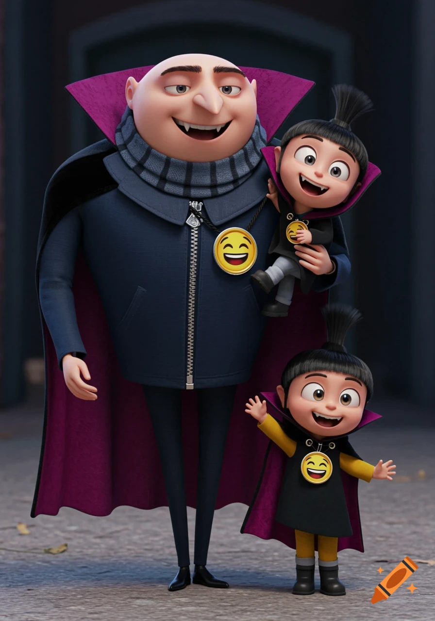 Gru and Agnes from Despicable Me dressed as vampires, smiling happily.