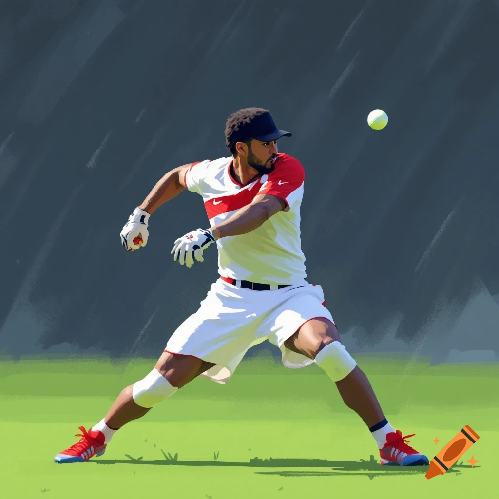 An athlete in a white and red uniform swings a bat at a ball in a sports field.