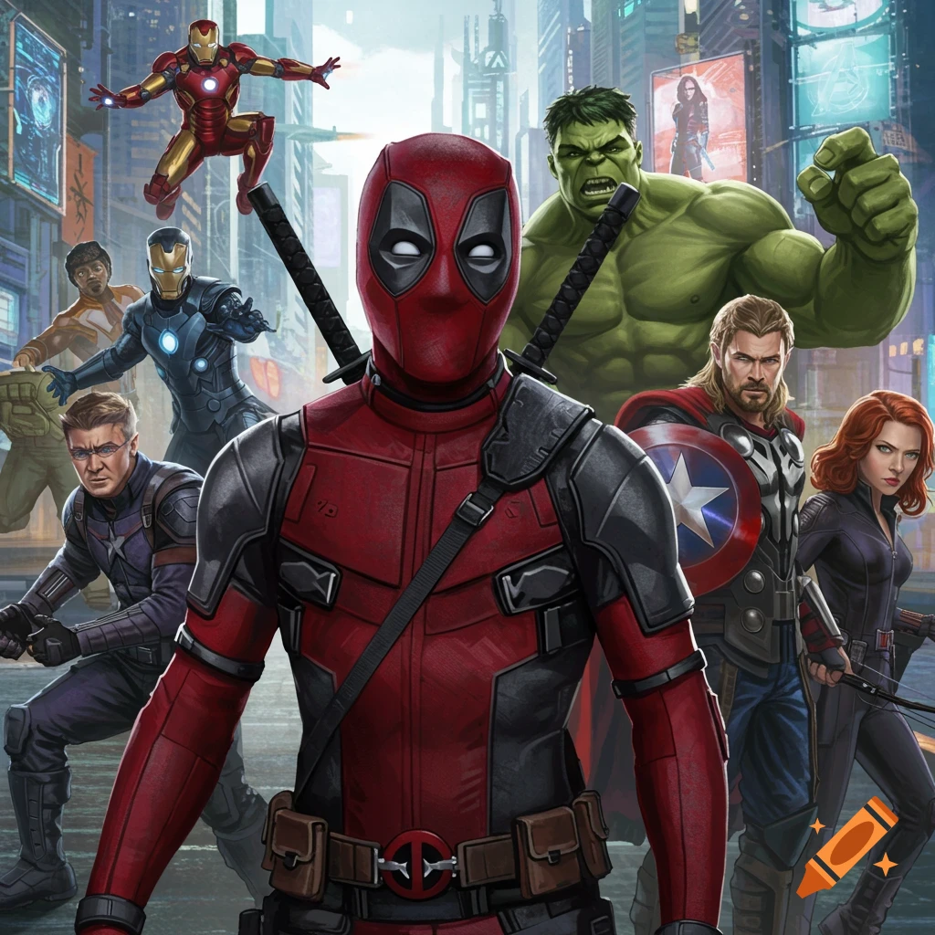 Deadpool stands in a futuristic city street with the Avengers: Hulk, Thor, Captain America, Black Widow, Hawkeye, and Iron Man in the background. Detailed illustration.