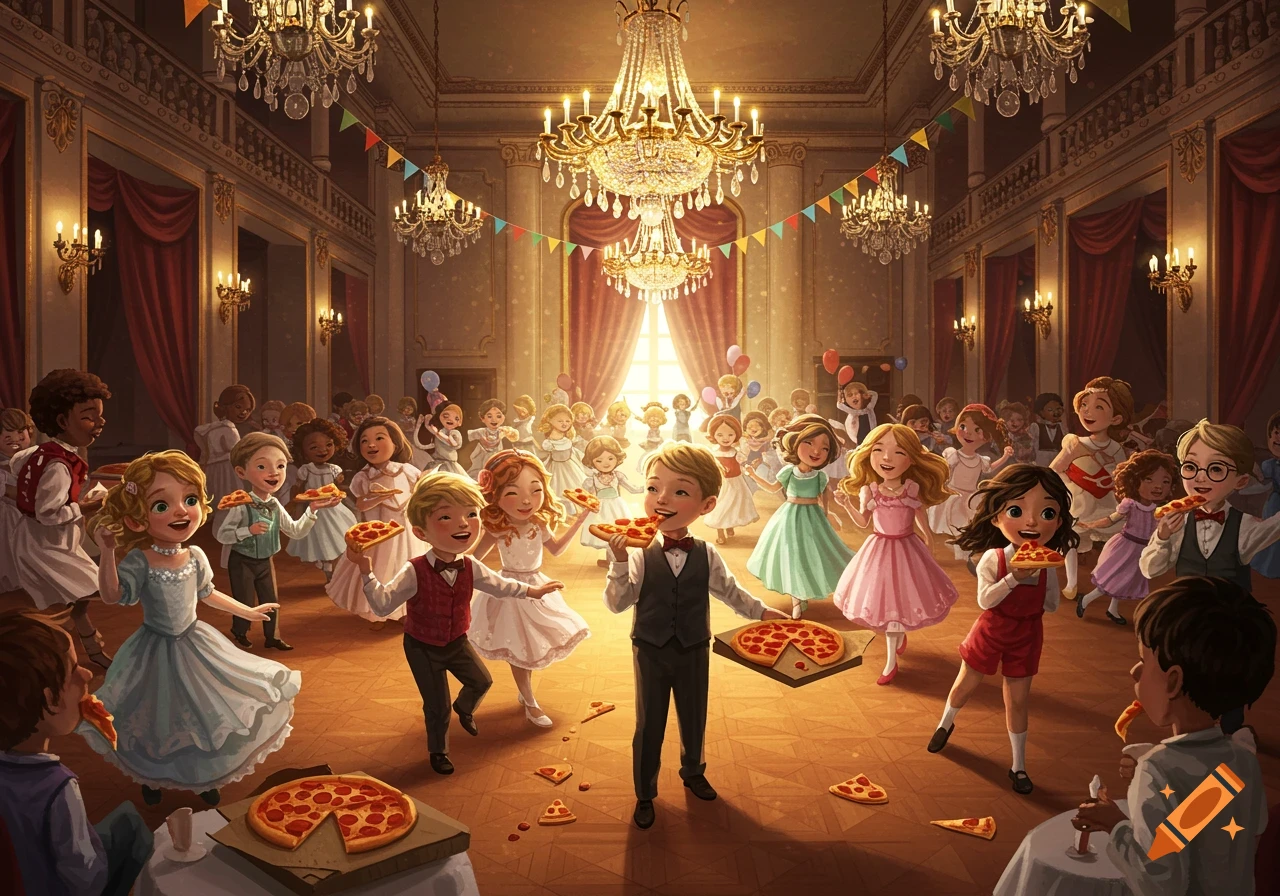 Children dancing and eating pizza in a grand ballroom, digital illustration