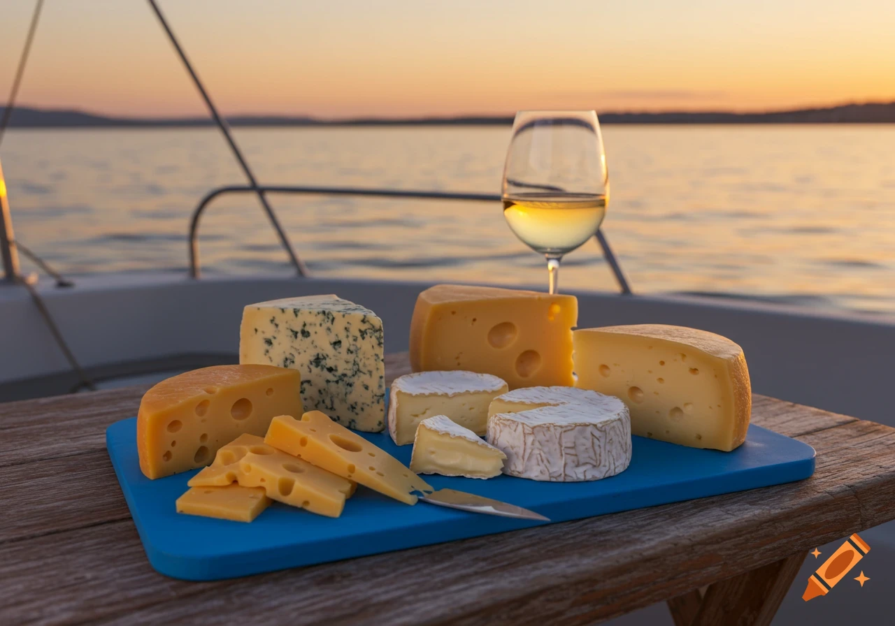 A platter of cheese and a glass of wine on a blue cutting board on a boat at sunset.