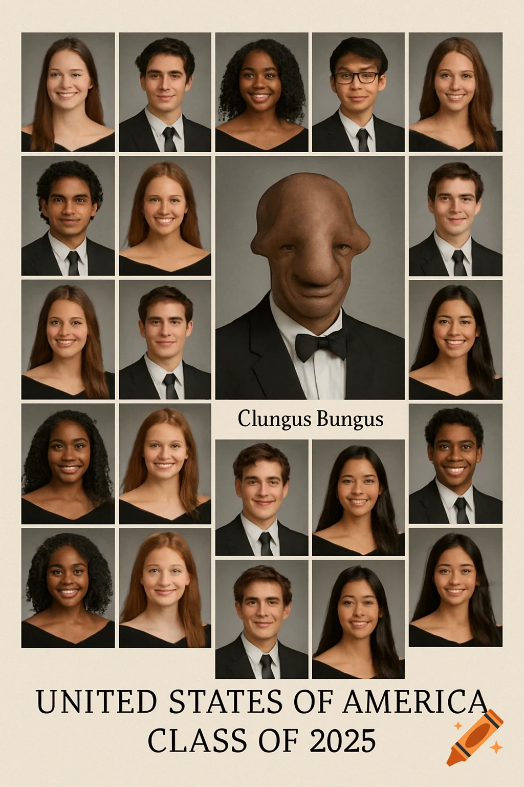 A yearbook page with many student portraits and one strange creature portrait, with text 'Clungus Bungus' and 'UNITED STATES OF AMERICA CLASS OF 2025'.