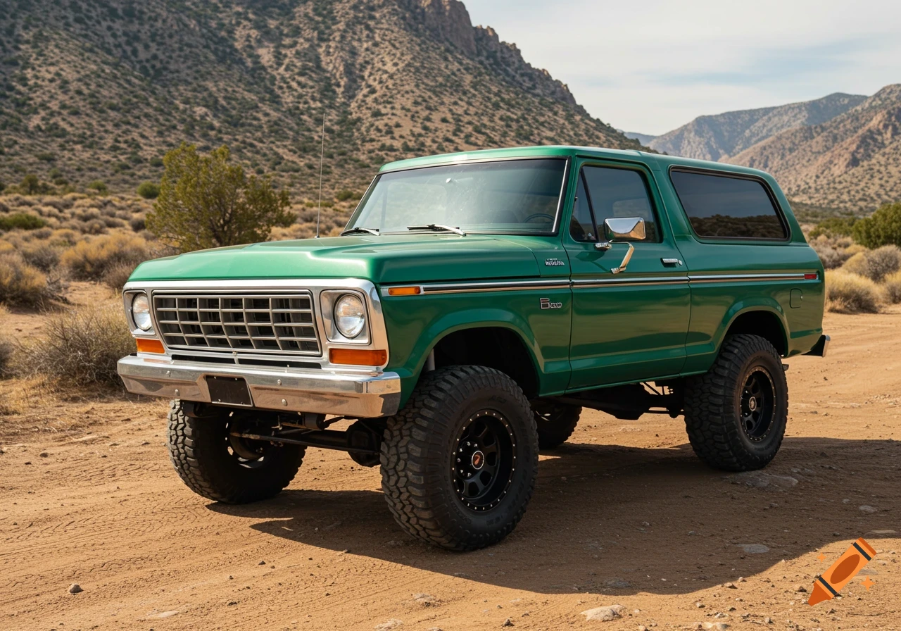 A green 1978 Ford Bronco 4x4 parked on a dirt road in a desert mountain landscape.