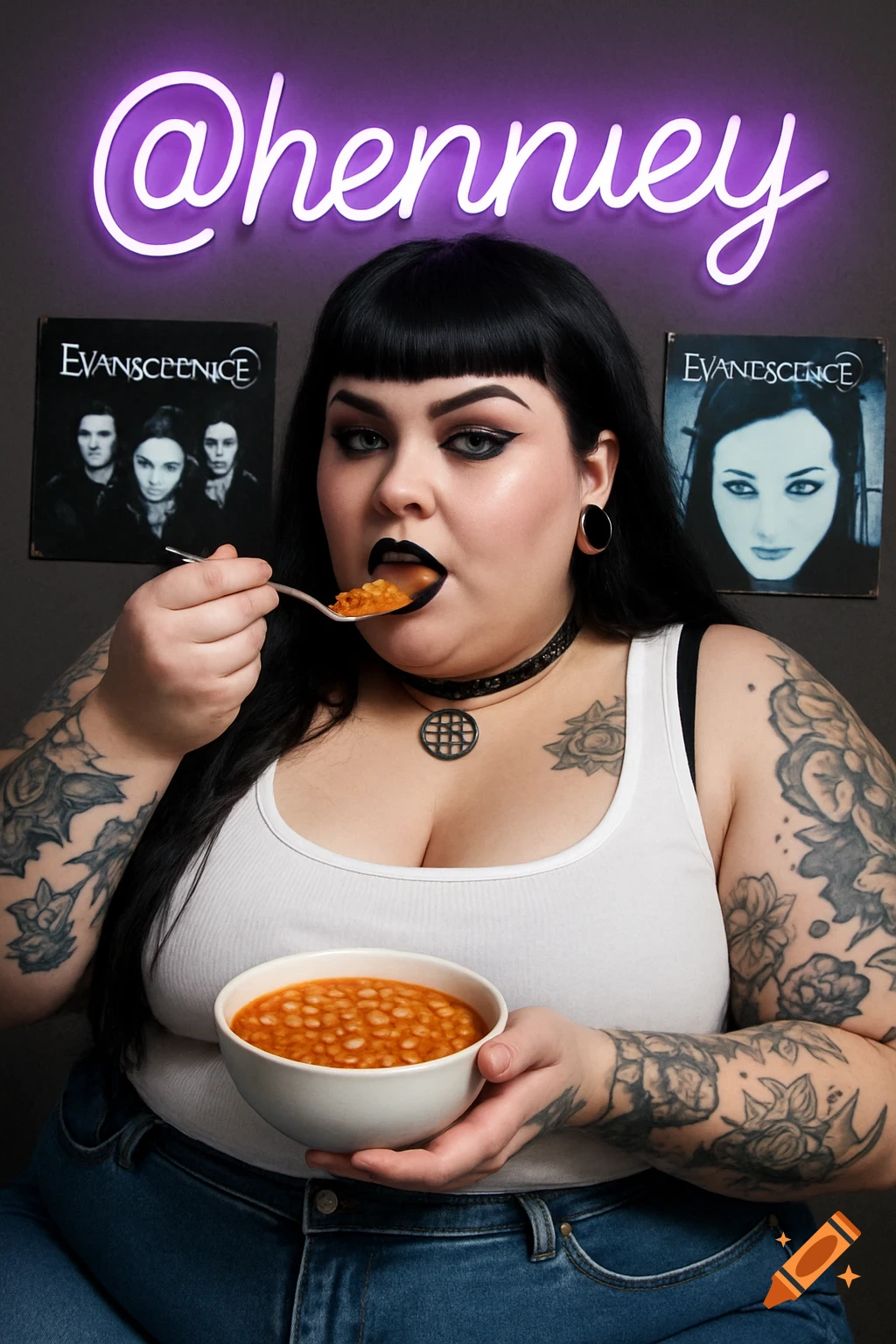 A plus sized goth woman with tattoos eats a bowl of beans, standing in front of a neon sign and Evanescence albums.