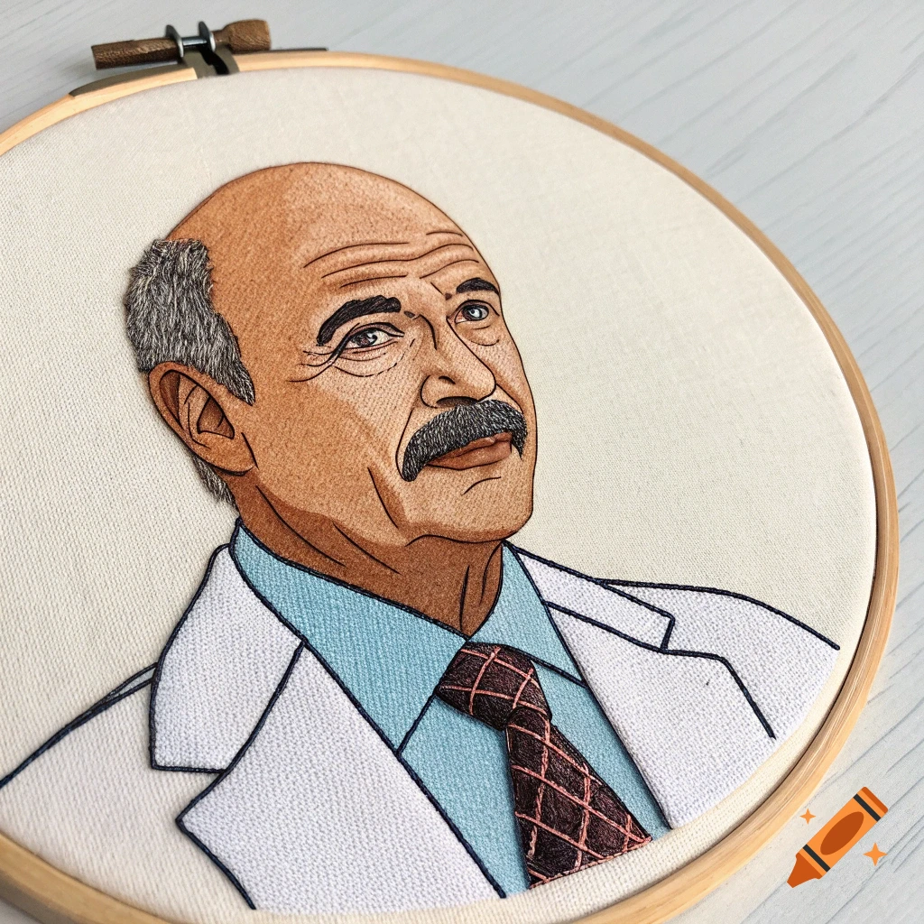Embroidered portrait of a bald man with a mustache wearing a white coat and tie, in an embroidery hoop.