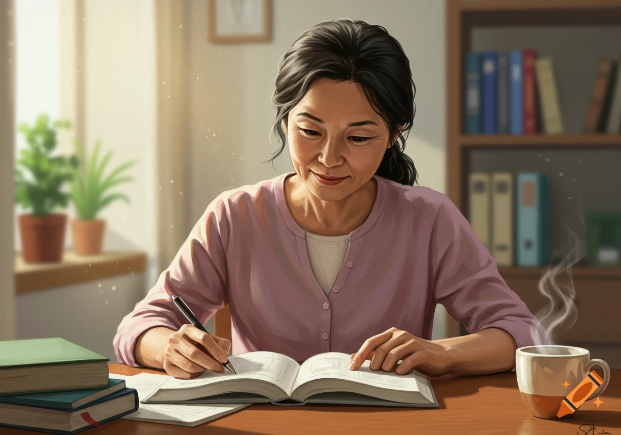 Digital painting of an older Asian woman studying at a desk with books and a steaming mug.