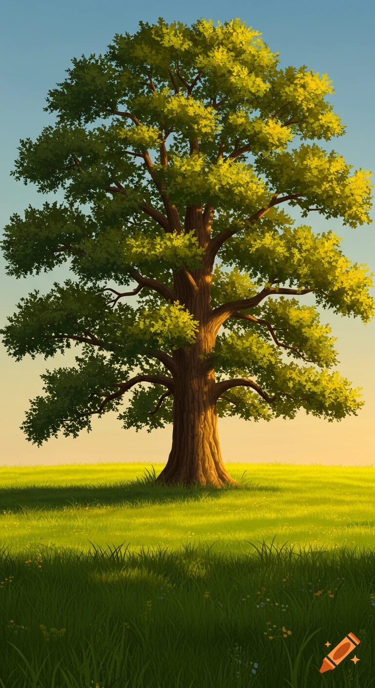 A large, lush green tree stands in a sunlit grassy field under a clear blue sky in a painterly style.