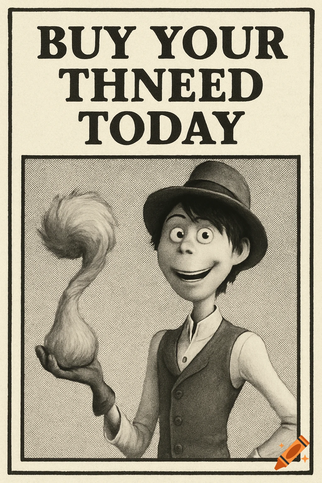 Poster with The Onceler from The Lorax holding a Thneed, text reads BUY YOUR THNEED TODAY, black and white sketch style.