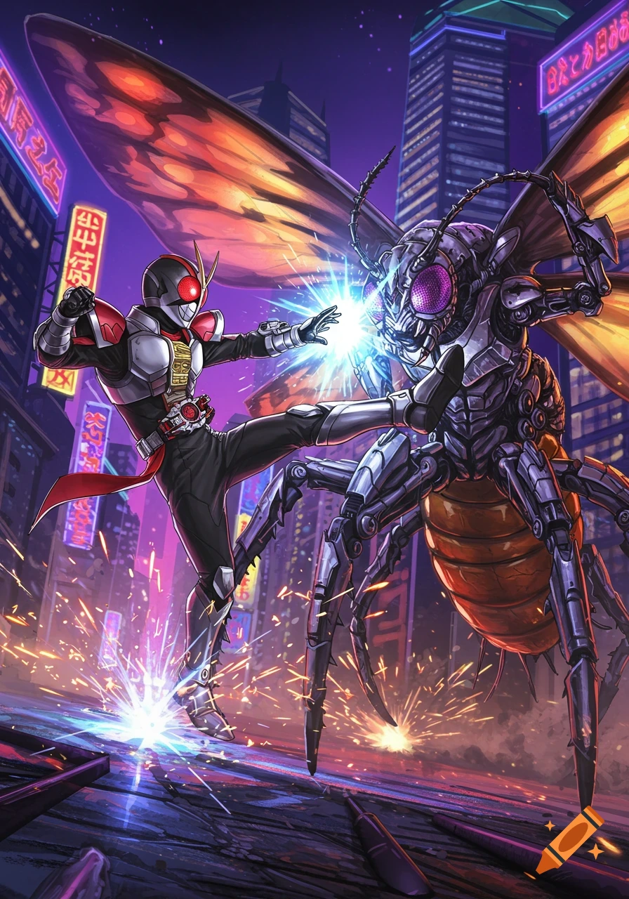 Kamen Rider fights a robot insect monster in a city at night, sparks fly.