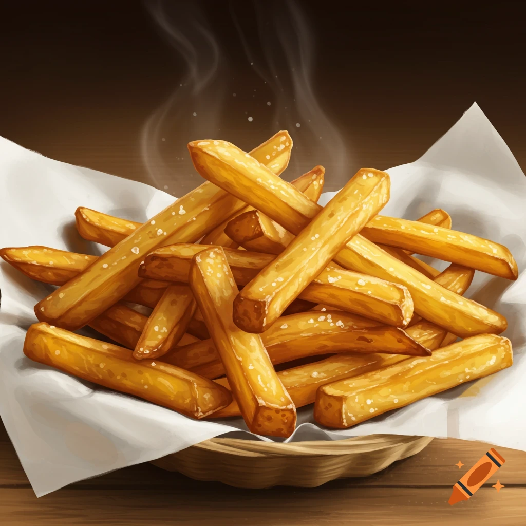 Steaming hot, crispy French fries with salt in a basket lined with paper.