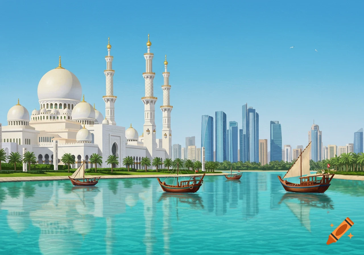 Illustrated view of Sheikh Zayed Grand Mosque, Abu Dhabi skyline, and dhows on water.