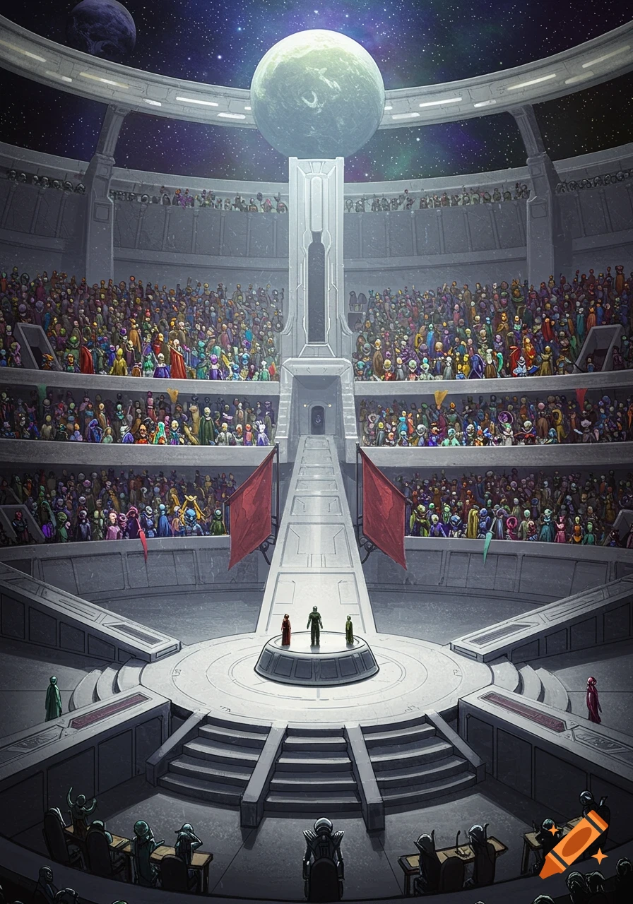 Large intergalactic council room arena filled with alien figures, with a central platform under a huge planet in space, digital art.