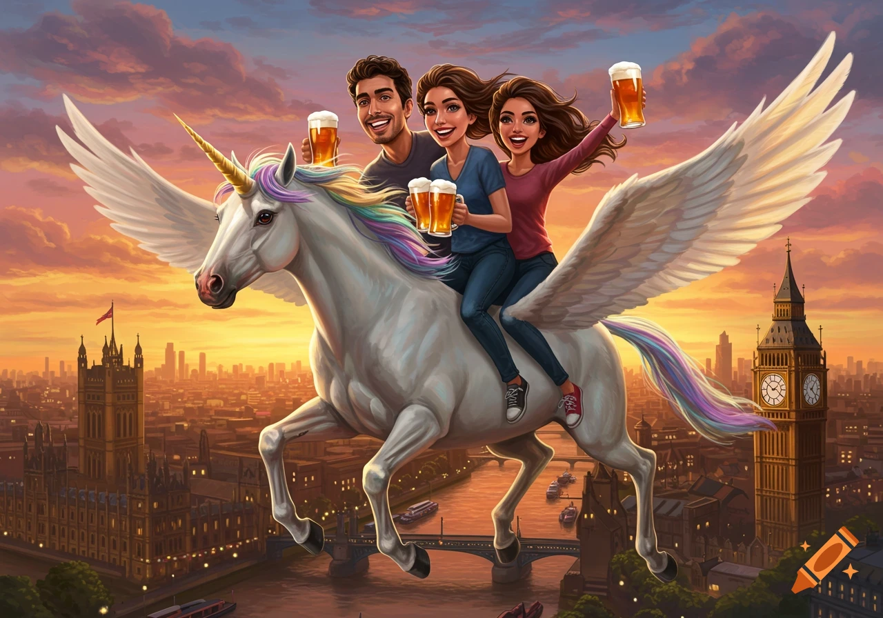 Three friends riding a winged unicorn over London at sunset, holding glasses of beer. Houses of Parliament and Big Ben visible below.