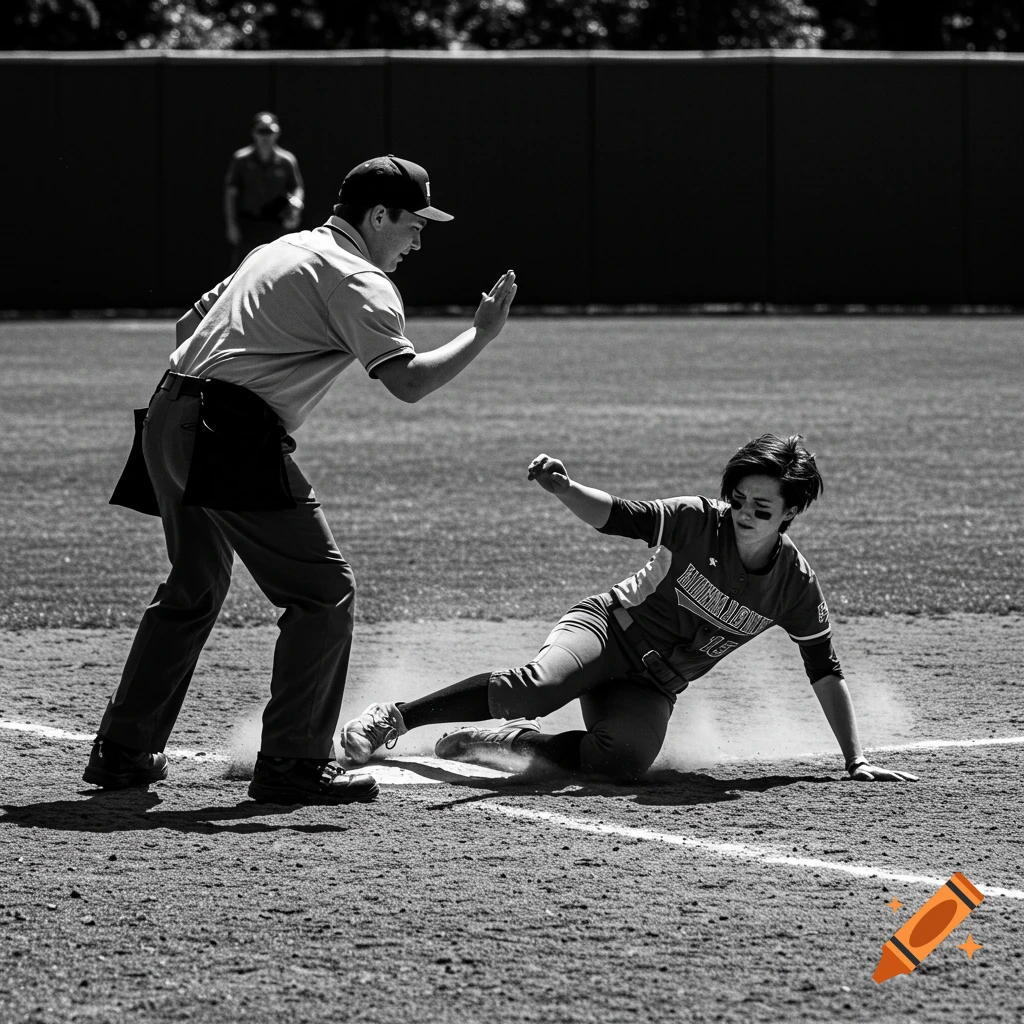 Black and white photo of a softball player sliding into a base with an umpire standing over them.