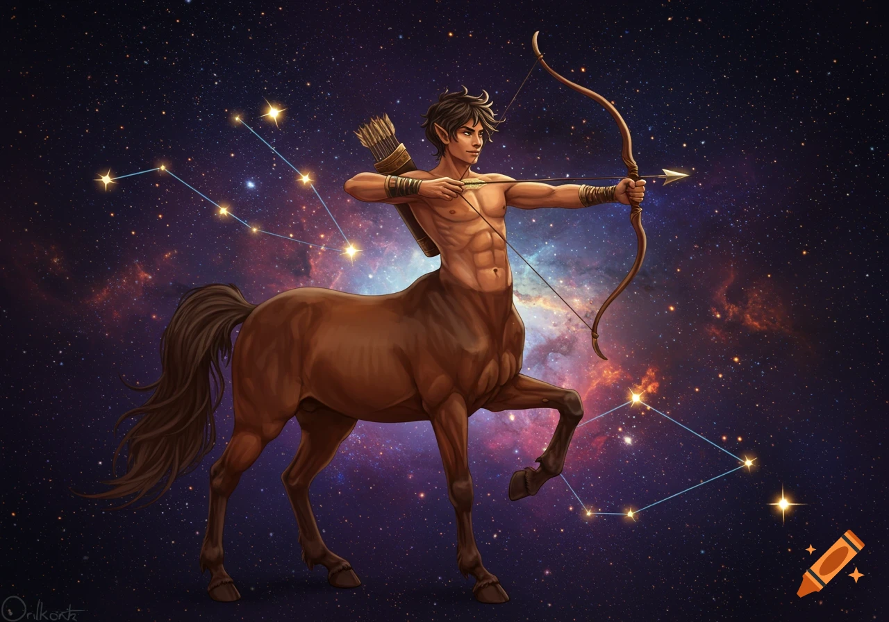 Muscular centaur archer aiming a bow against a starry space background with constellation lines.