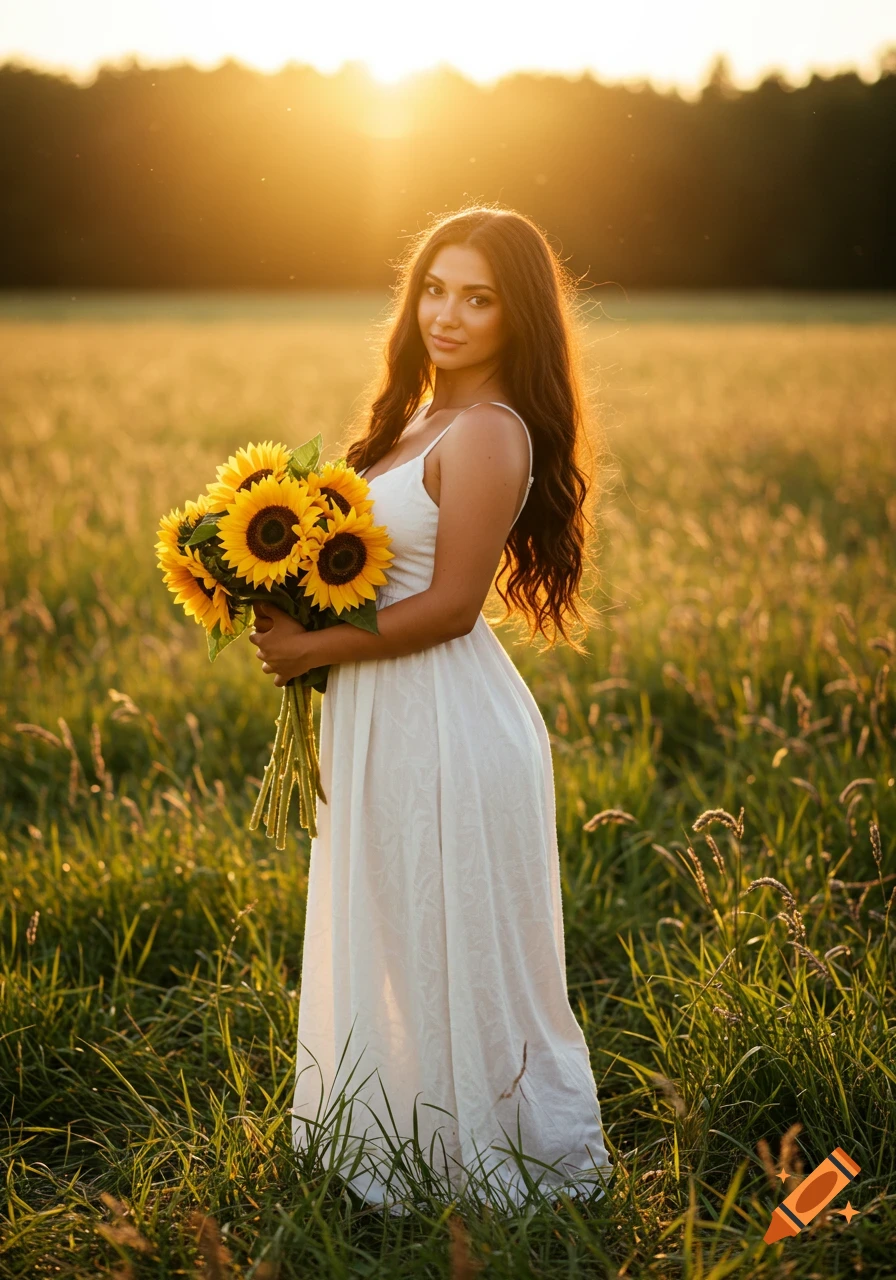A woman in a white dress holding sunflowers stands in a sunlit field.