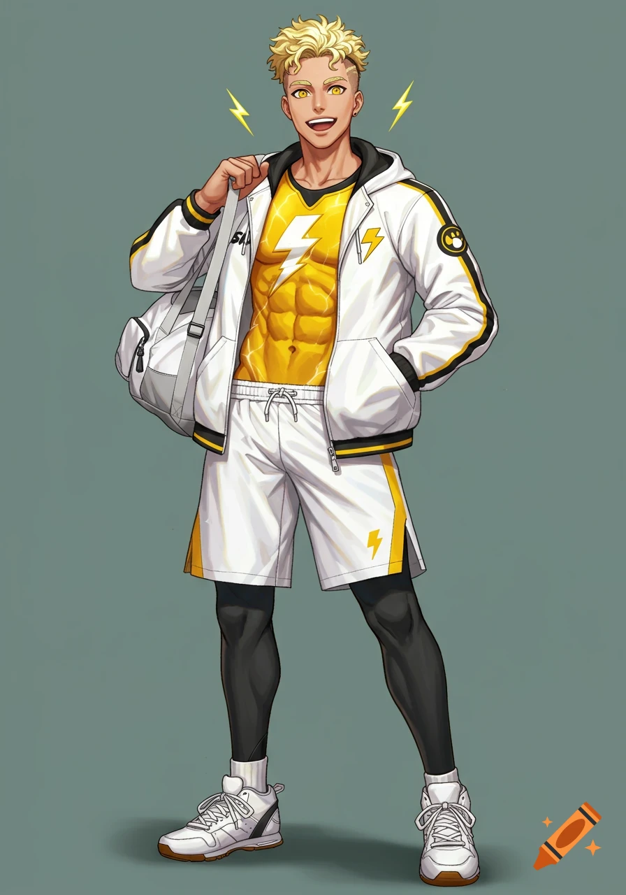 Anime illustration of a muscular young man in white athletic gear with yellow lightning bolts and a gym bag.