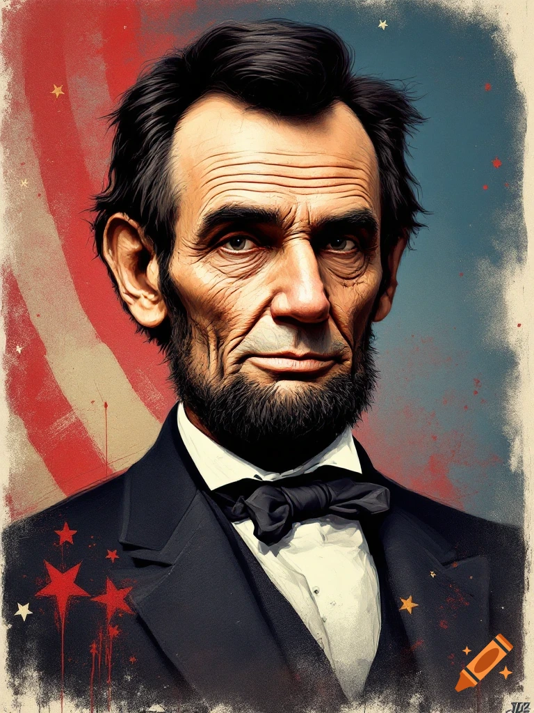 Painterly portrait of Abraham Lincoln in a suit and bow tie against an American flag background.