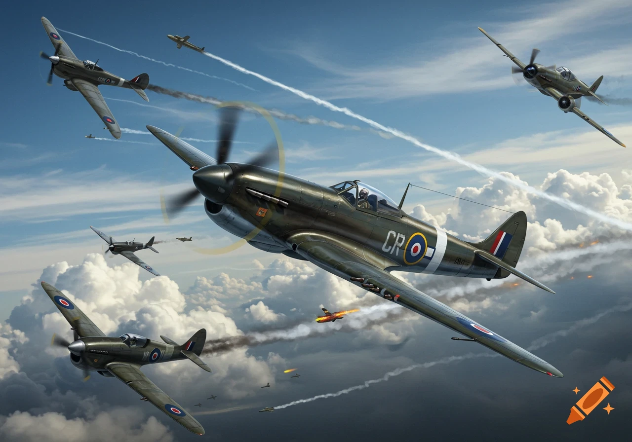 Several vintage war planes fly and fight in a cloudy sky, one in the foreground.