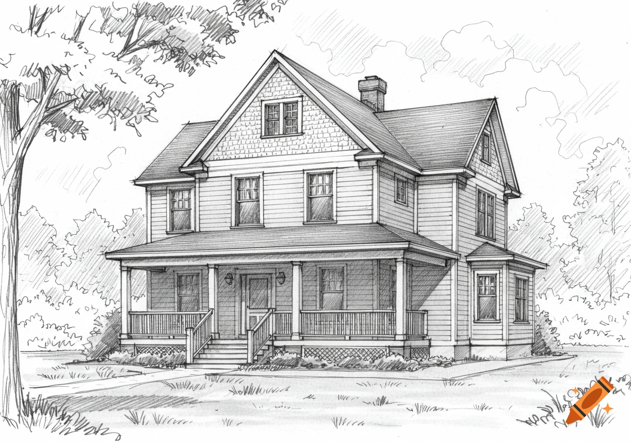 Pencil sketch of a large house with a covered porch and surrounding ...