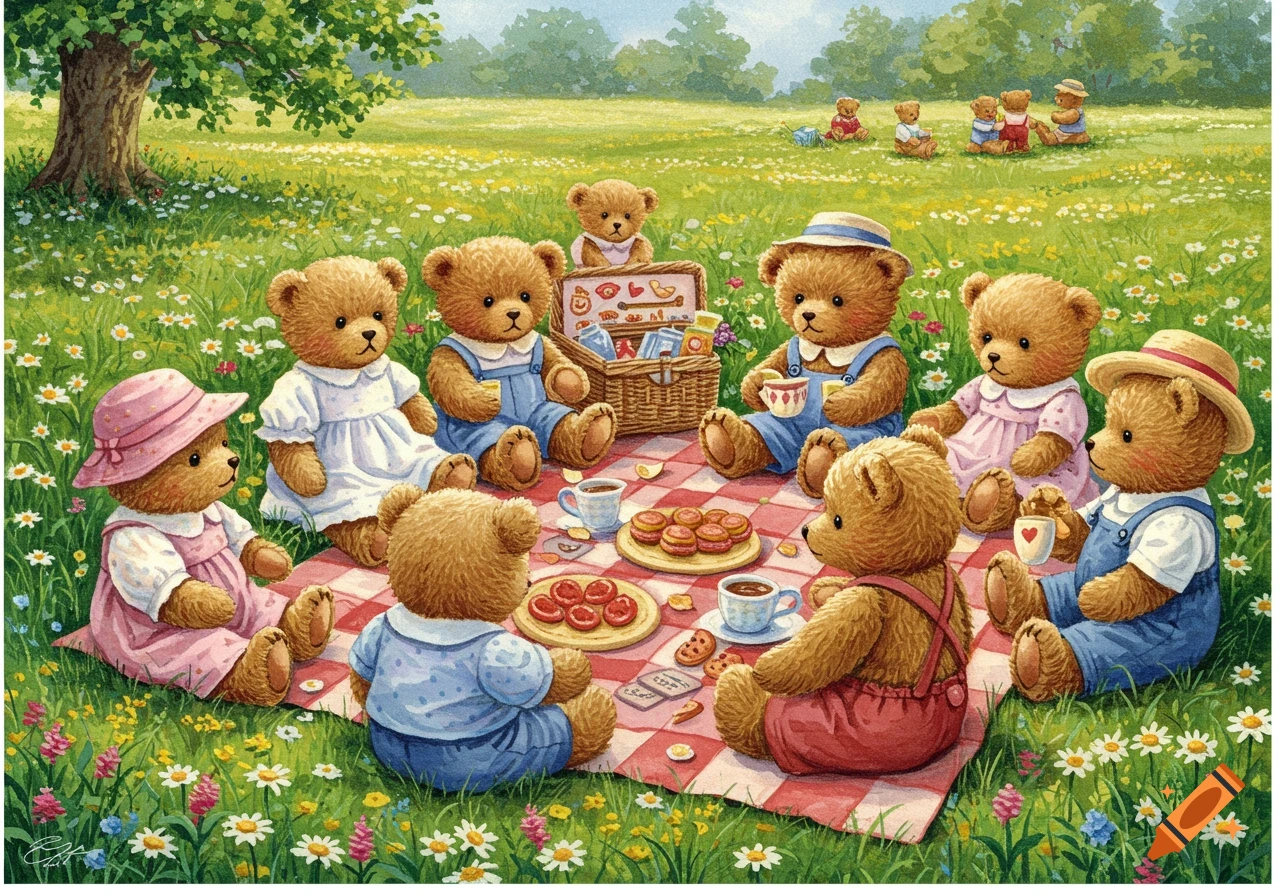 Illustration of teddy bears having a picnic on a red and white checkered blanket in a grassy field with flowers.