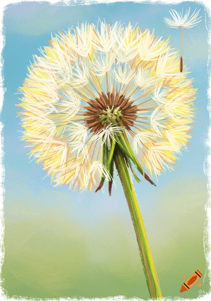 Crayon illustration of a dandelion seed head with one seed floating away against a blue and green background.