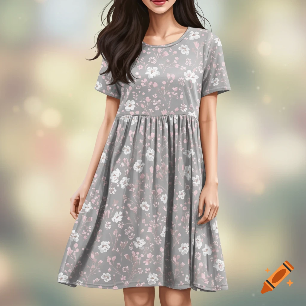 A woman wears a gray floral summer dress against a blurred background.