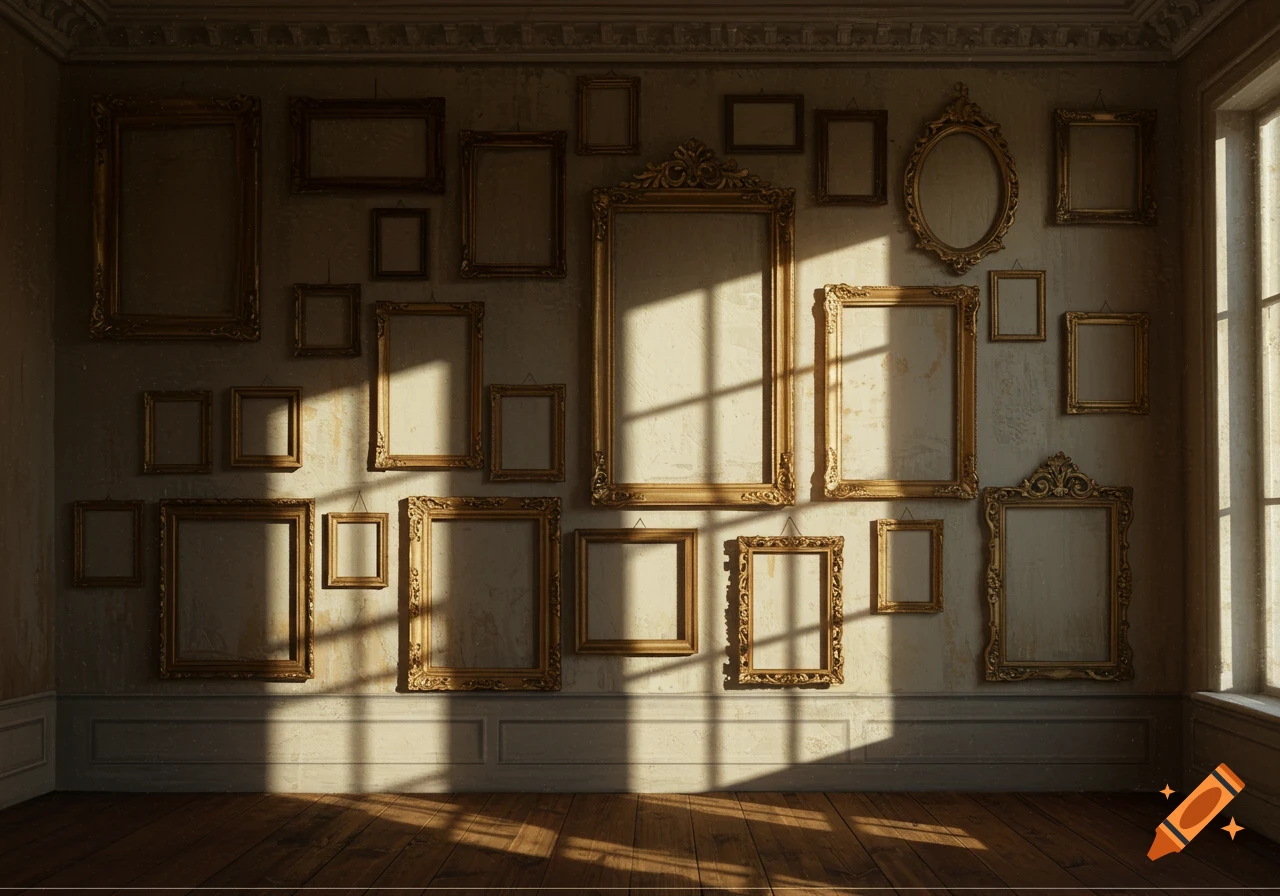 Empty picture frames hanging on a wall in a room with sunlight