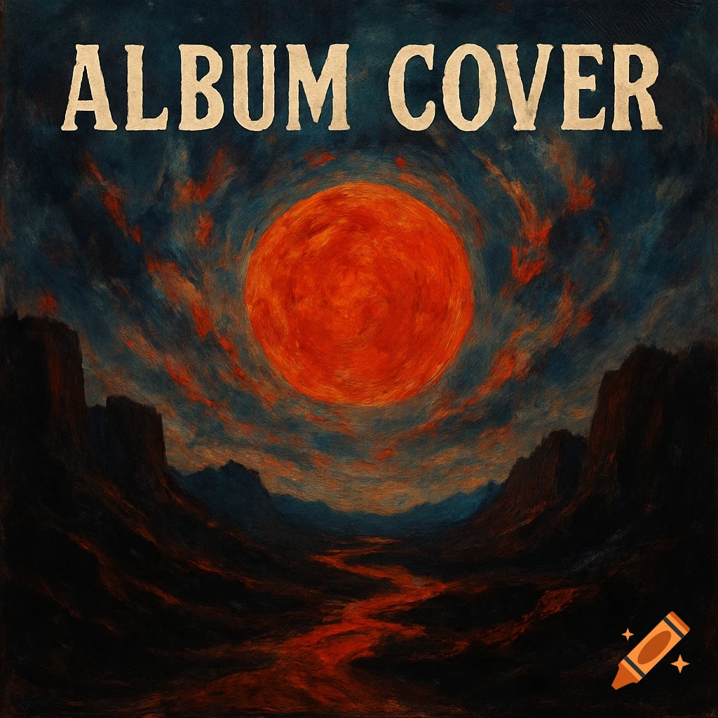 Dramatic landscape with a large red sun over a dark valley and river, painterly style, with text 'ALBUM COVER' at the top.