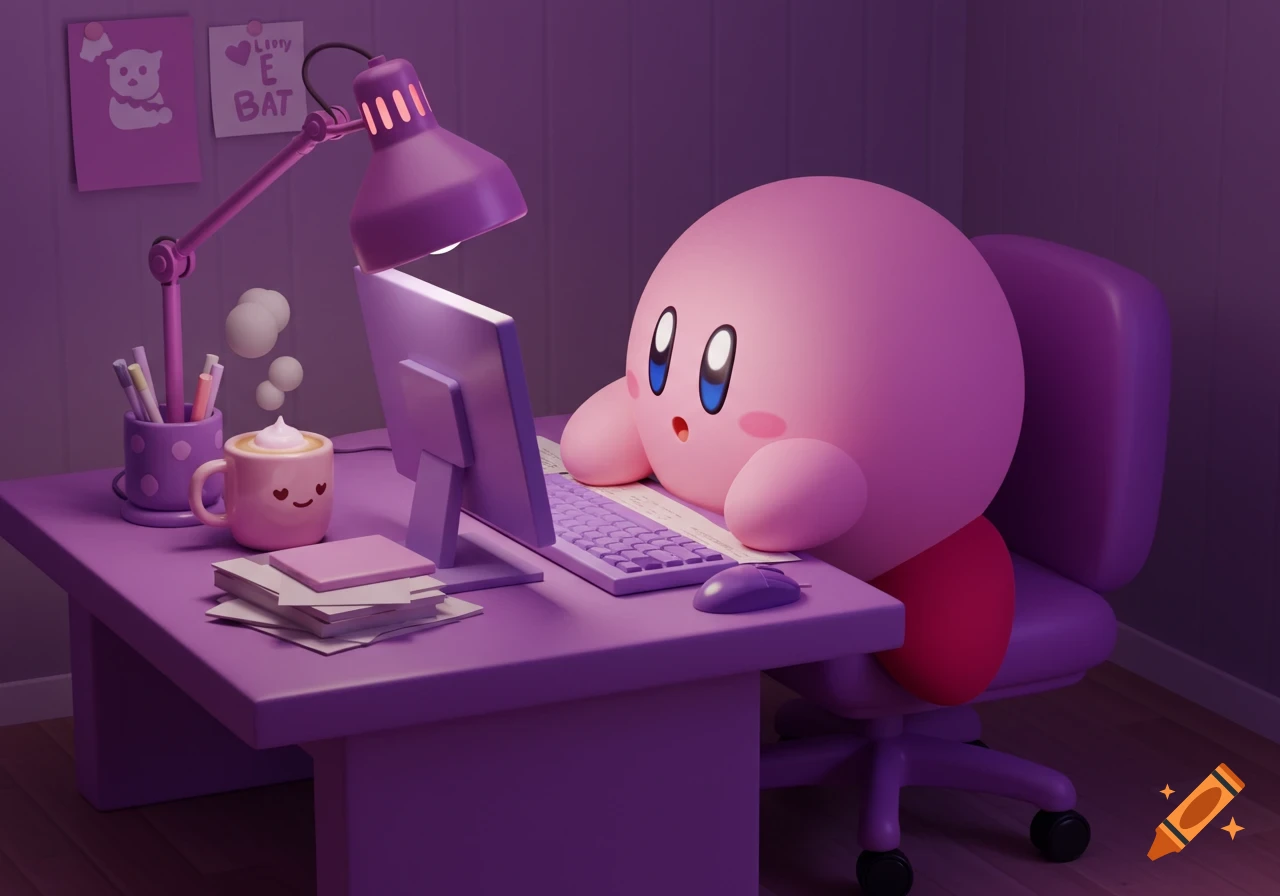 A 3D render of Kirby sitting at a purple computer desk with a cup of coffee, working under a lamp.
