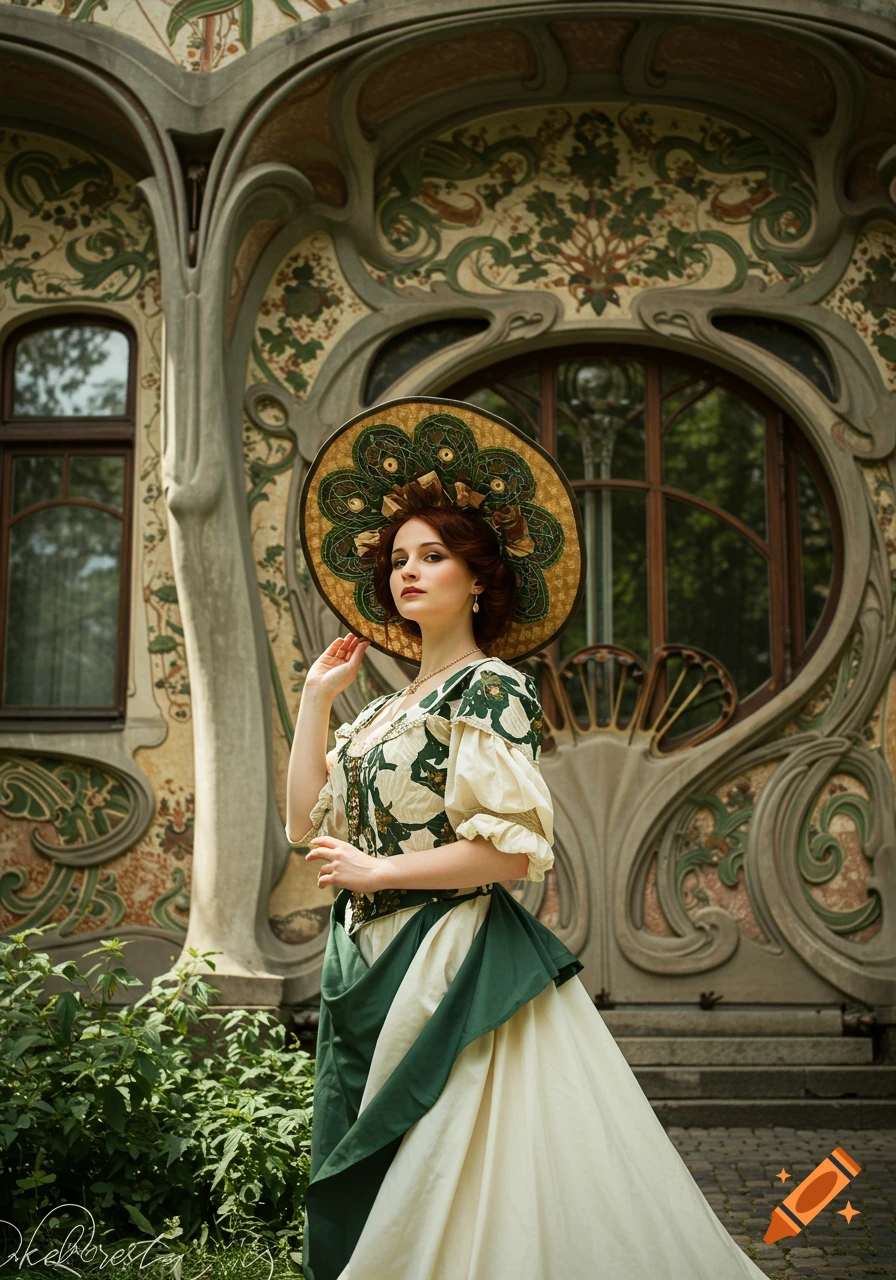 Woman in large hat and dress in front of an Art Nouveau building.