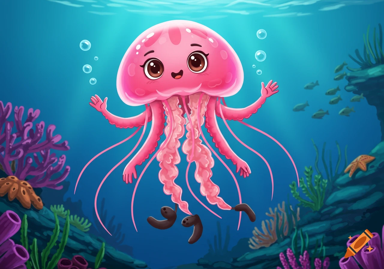 A cute pink cartoon jellyfish with arms and legs swims underwater.