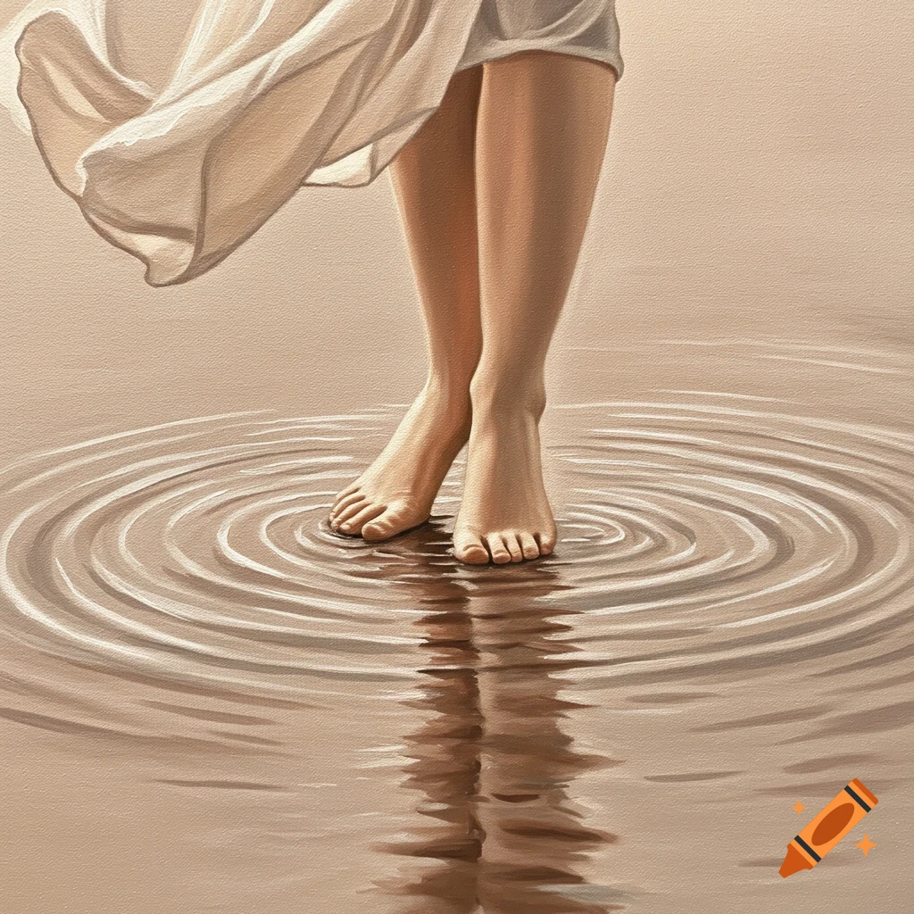 Bare feet and legs stand in rippling water in a soft painting.