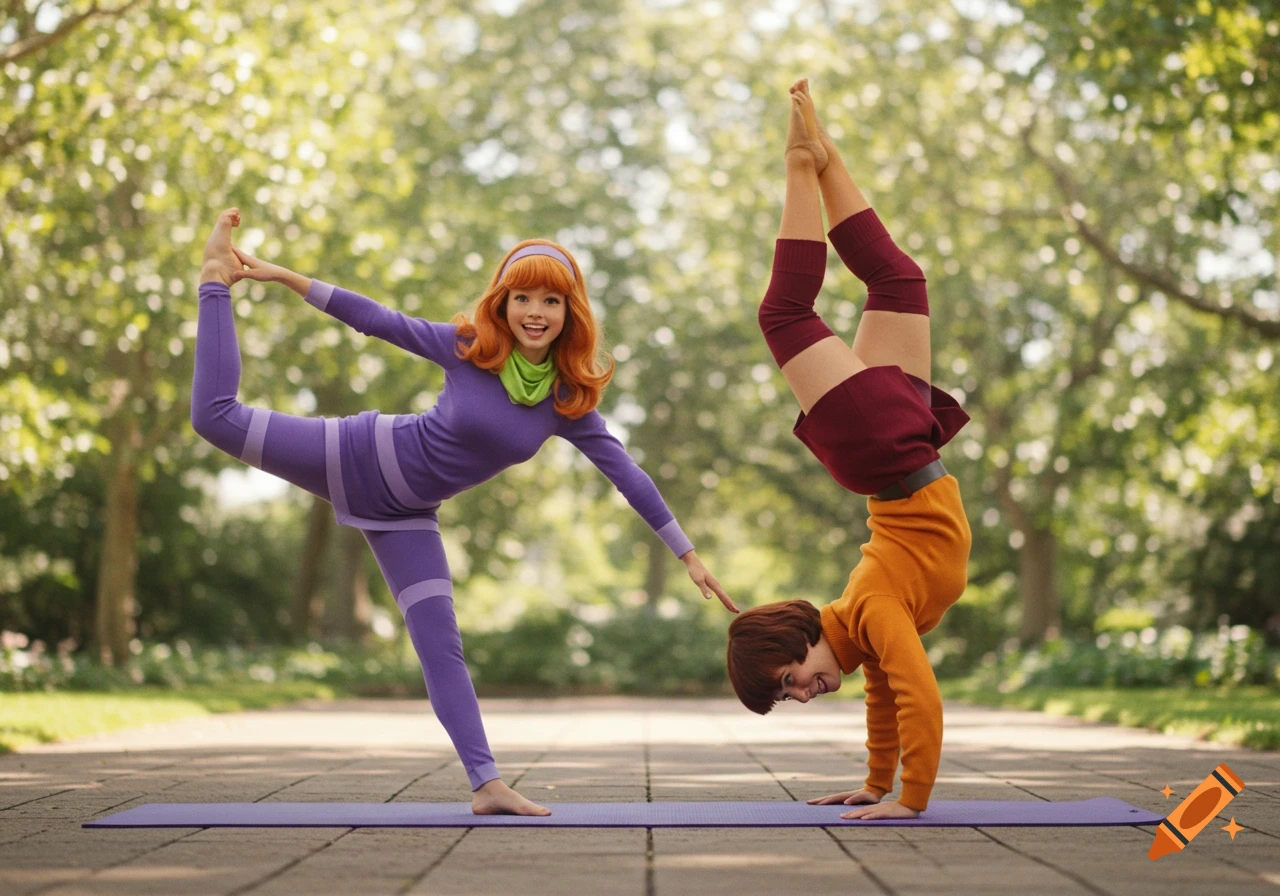 Two people dressed as Daphne and Velma from Scooby-Doo do yoga poses in a park.