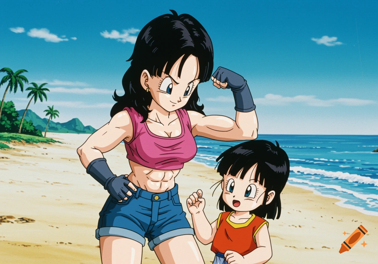 Anime characters Videl flexing her bicep and Pan on a sunny beach.