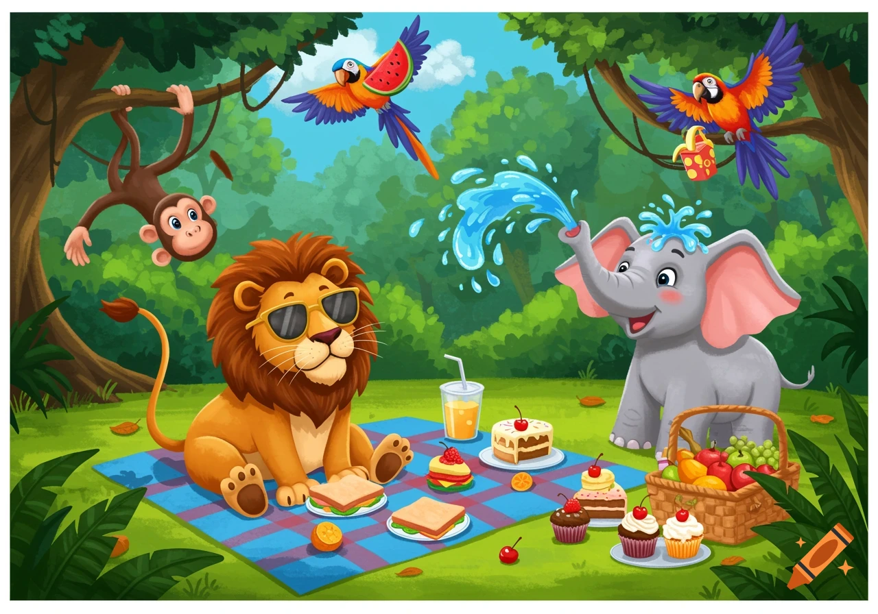 Cartoon illustration of jungle animals having a picnic with food. on ...
