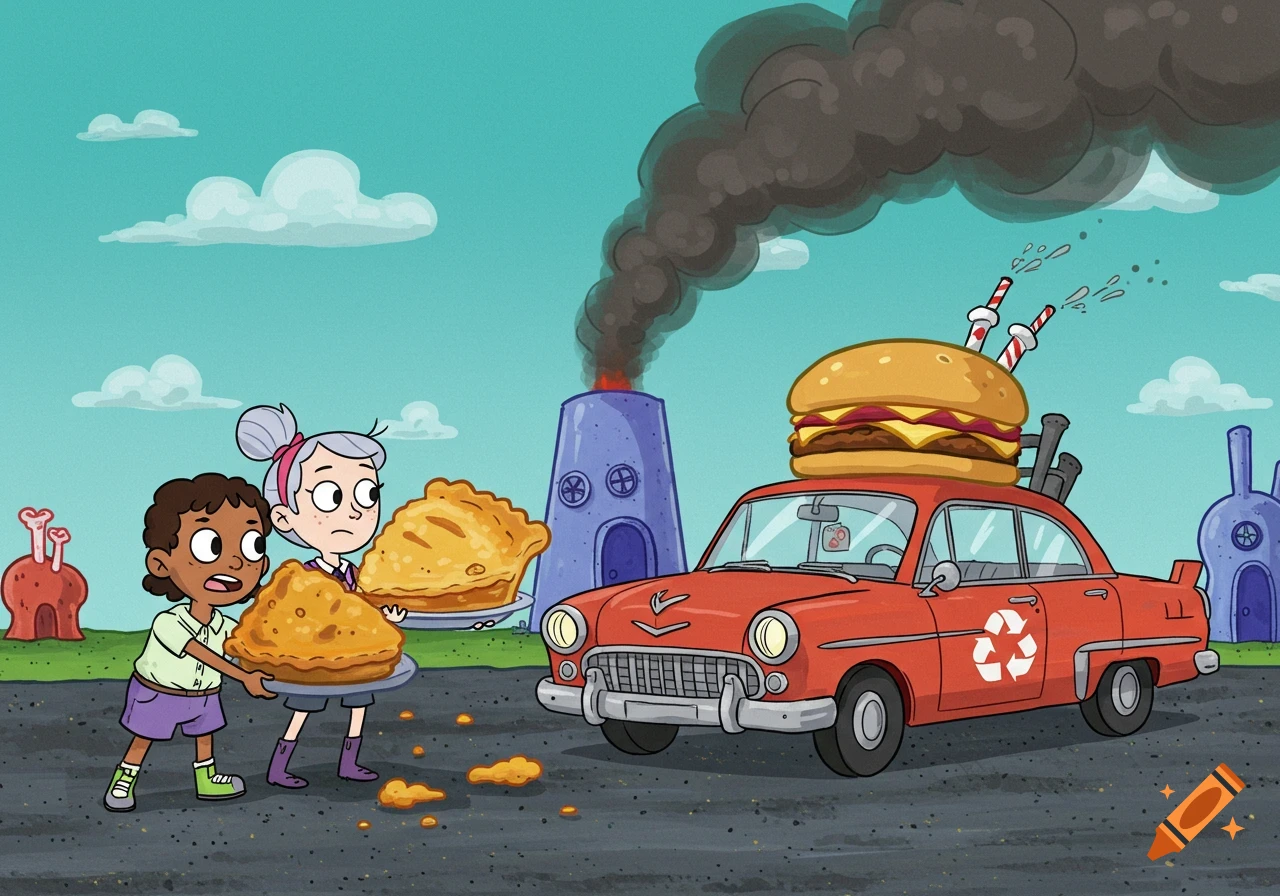 Cartoon illustration of two kids carrying large pies next to a red car with a giant burger on top. A smoking factory is in the background. The car has a recycling symbol.